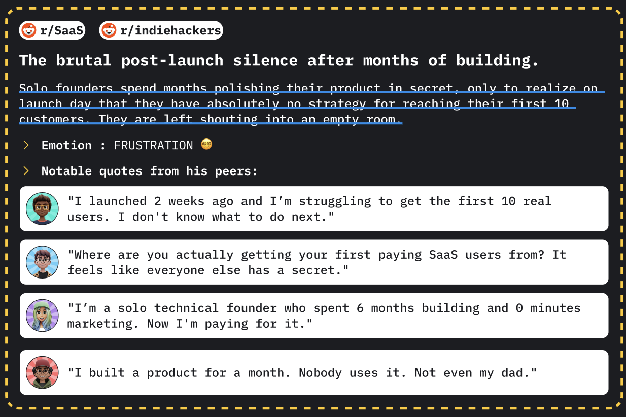 Pain point selected for Martin — the brutal post-launch silence after months of building