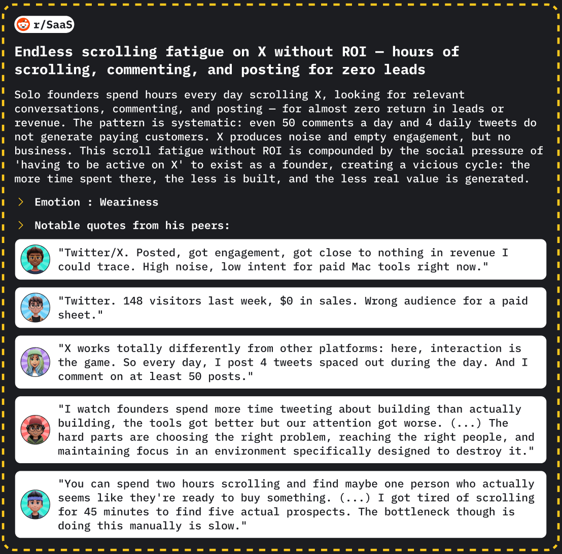 Pain point selected for Martin — Endless scrolling fatigue on X without ROI
